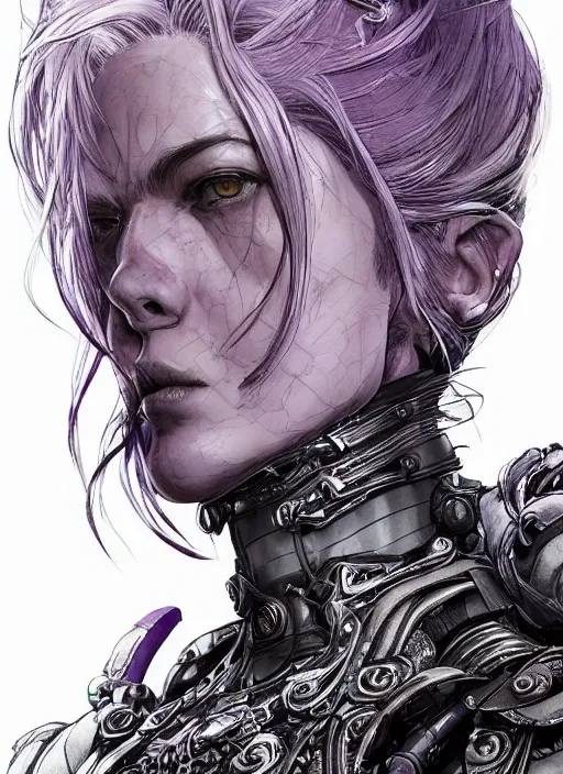 Image similar to close up portrait of a pale woman in power armor with intricate purple hair, powerful, domineering, stoic, masterful, intense, ultrafine hyperdetailed illustration by kim jung gi, irakli nadar, intricate linework, sharp focus, octopath traveler, yoji shinkawa, yoshitaka amano, concept art