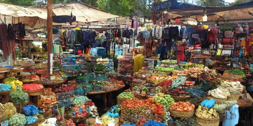 Image similar to a marketplace selling rivers and waterfalls, surreal