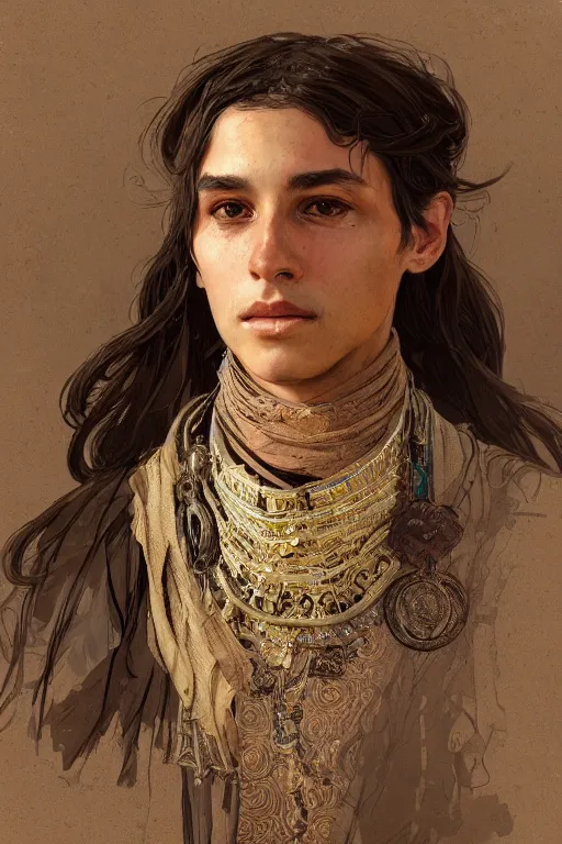 Image similar to A full portrait of an ancient Bedouin scout, intricate, elegant, highly detailed, digital painting, artstation, concept art, smooth, sharp focus, illustration, art by Krenz Cushart and Artem Demura and alphonse mucha