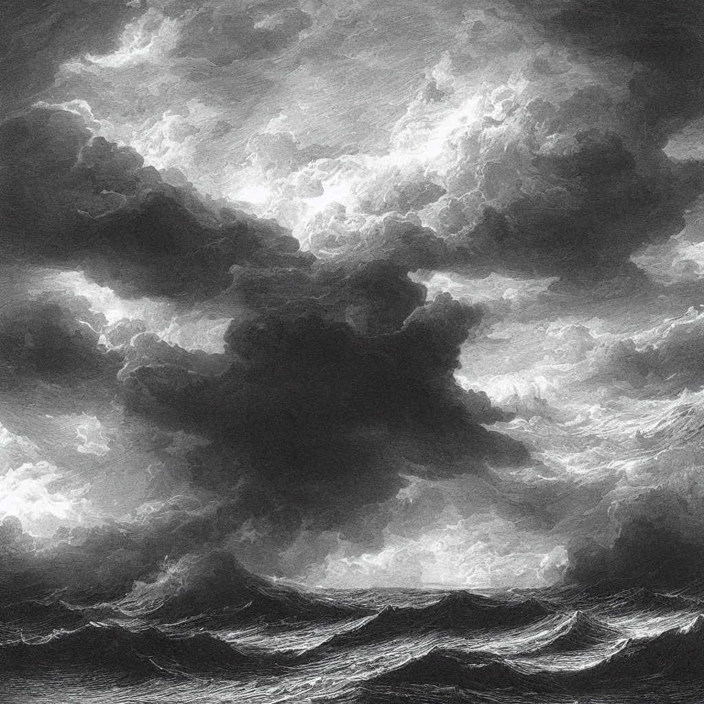 Prompt: “An engraving of a storm at sea by Gustave Dore”