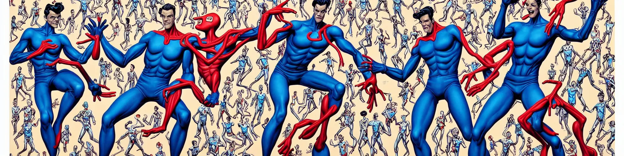 Image similar to mr. fantastic and plastic man showing off their weird limbs illustrated by james jean with very long hands and arms and fingers and legs and feet twirling and twisting around