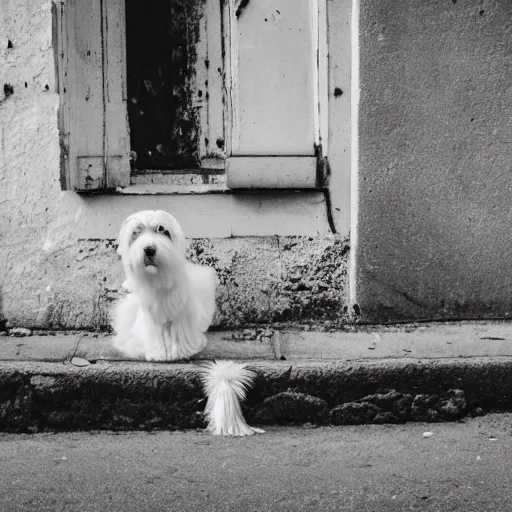 Prompt: a white schnauzer dog with spreaded wings sitting on the street of an abandoned dystopic city, hyprrealism, 5 5 mm photo