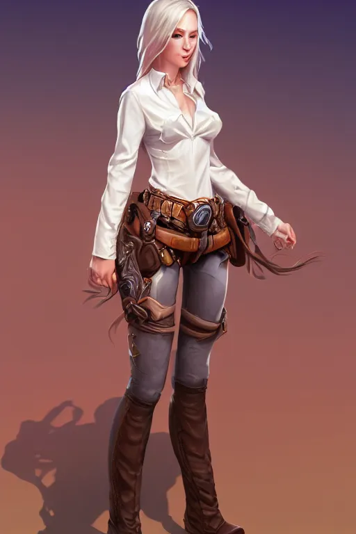 Image similar to full body, female cowgirl, perfect face, white blouse, holster, 8 k, magic the gathering, desert, d & d, artstation, high detail, smooth, sweaty