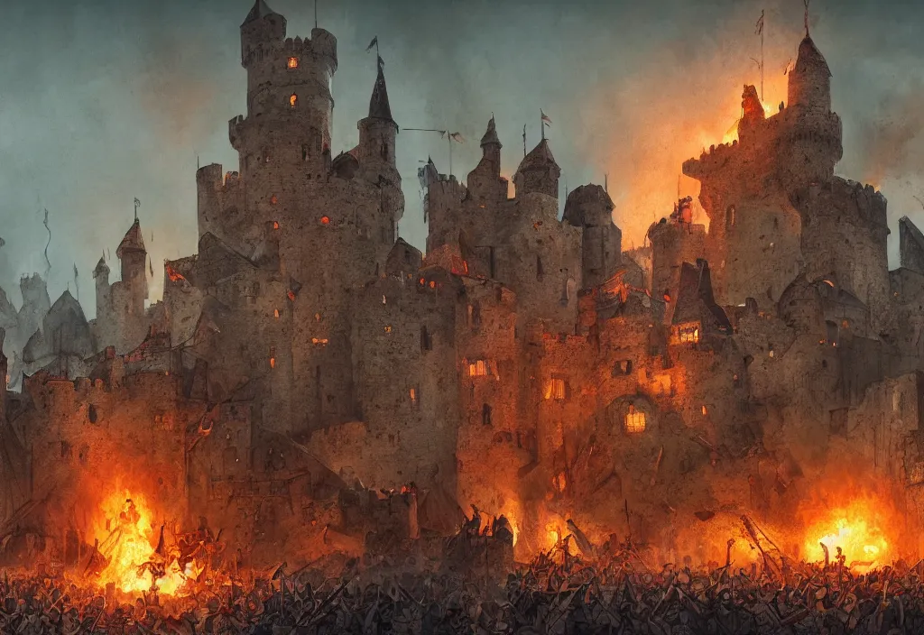 Image similar to handmade illustration of an small medieval castle being attacked by some medieval soldiers, fire and smoke, catapults and arrows, line art, ink, heavy brushstrokes, watercolor by Kilian Eng and by Jake Parker, winning-award masterpiece, fantastic, octane render, 8K HD Resolution, High quality image