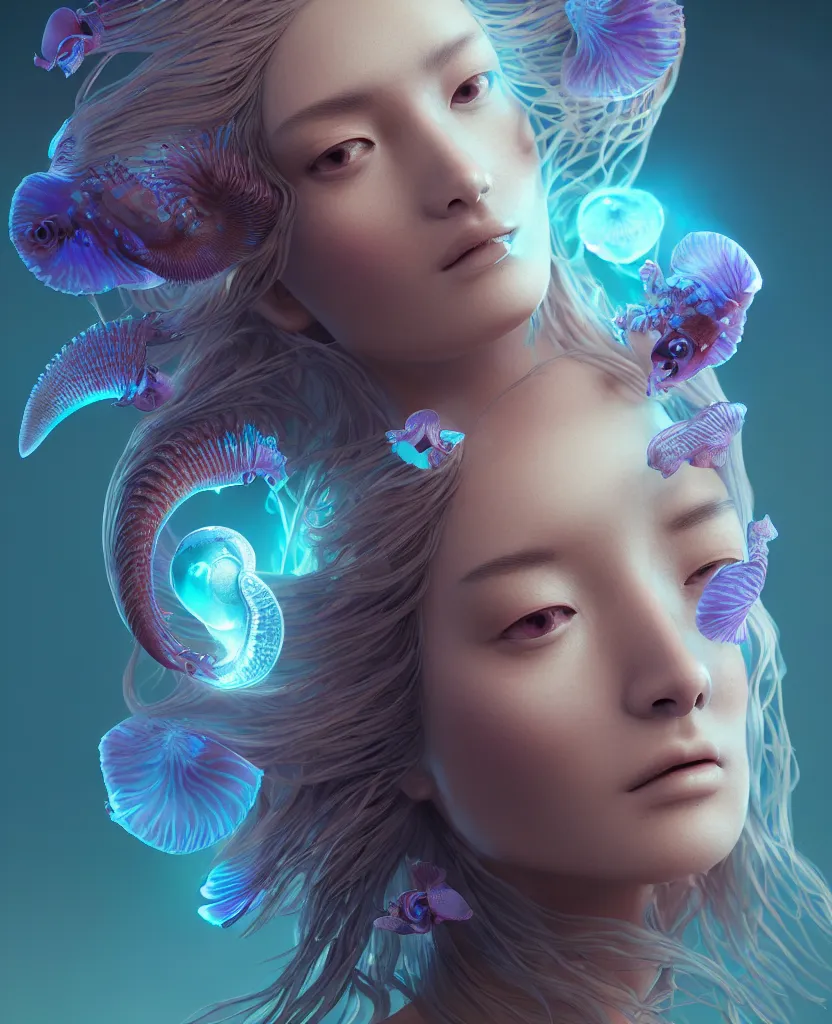 Image similar to goddess close-up portrait. jellyfish phoenix head, nautilus, orchid, skull, betta fish, bioluminiscent creatures, intricate artwork by Tooth Wu and wlop and beeple. octane render, trending on artstation, greg rutkowski very coherent symmetrical artwork. cinematic, hyper realism, high detail, octane render, 8k