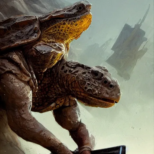 Prompt: anthropomorphic snapping turtle with warhammer, greg rutkowski