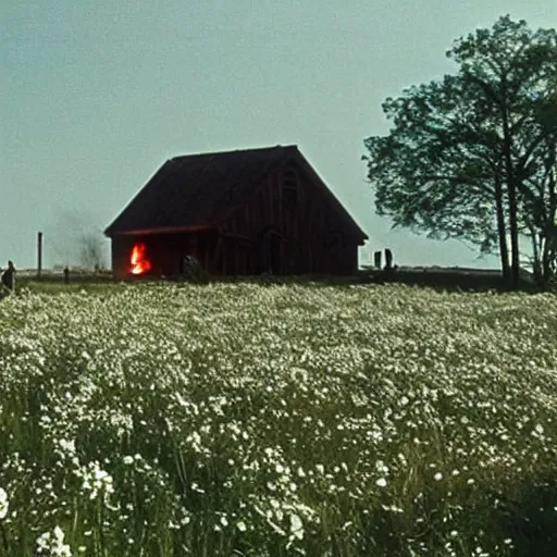 Image similar to vhs 1 9 8 0 s footage of a scene from the movie midsommar a - line shaped wooden building on fire, field of flowers