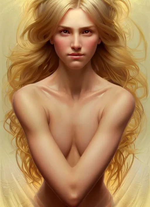 Image similar to perfect feminine face!! portrait of young wife blessed by god with ever - increasing physical mental perfection, blonde, symmetrical! intricate, sensual features, highly detailed, biblical divine holy!! digital painting, artstation, concept art, smooth, sharp focus, illustration, art by artgerm and greg rutkowski and alphonse mucha