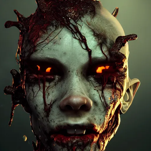 Image similar to portrait of a zombie, moonlit, dark, glowing background lighting, hyper detailed, horror fairy tale, 4 k octane render