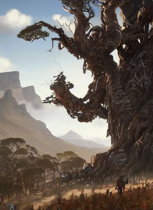 Image similar to hyper realistic robot attacking cape town city beautiful details, gnarly trees, strong composition, poster painted by greg rutkowski, concept art, arcane style, hearthstone wizards of the coast norman rockwell, james gurney and greg rutkowski weta studio, and lucasfilm and best of artstation