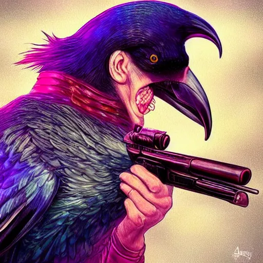 Image similar to a man shooting a pistol, but instead of a bullet the gun shoots a raven. colorful, bright, fantasy, artgerm, dnd, fantasy, rpg