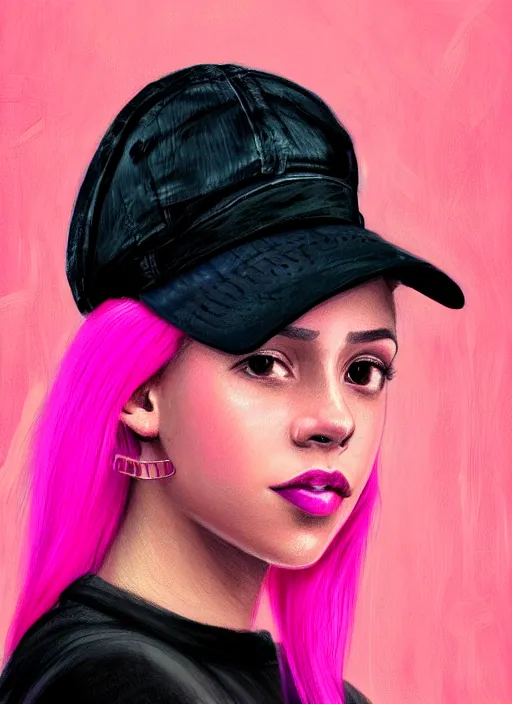 Image similar to portrait of teenage vanessa morgan with bright pink hair, black girl, curly pixie cut hair, wearing newsboy cap, pink short haircut, newsboy cap, hoop earrings, blue eyes, intricate, elegant, glowing lights, highly detailed, digital painting, artstation, concept art, smooth, sharp focus, illustration, art by wlop, mars ravelo and greg rutkowski