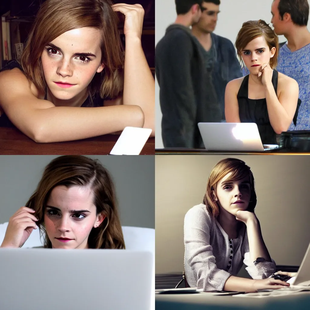 Prompt: emma watson looking at her macbook in disgust, dimly lit, computer light