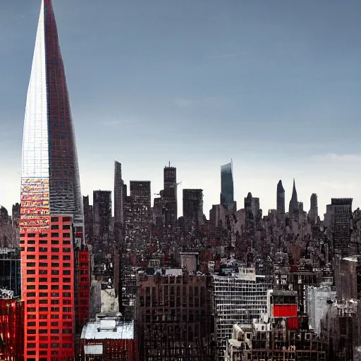 Image similar to a building of the shape of an amanita muscaria in the New York skyline