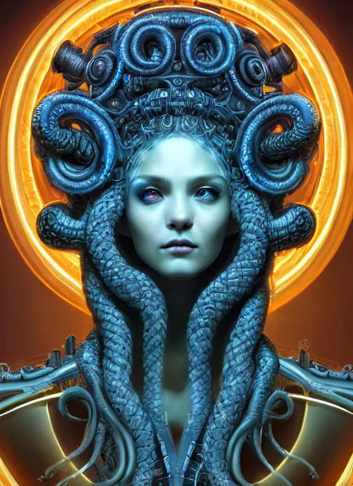 Image similar to ultradetailed ornate sci-fi RPG illustration of a beautiful symmetric Medusa radiating a glowing aura wearing a cyberpunk armor with much decorum, digital airbrush painting, 3d rim light, hyperrealistic masterpiece, artstation, cgsociety, kodakchrome, golden ratio