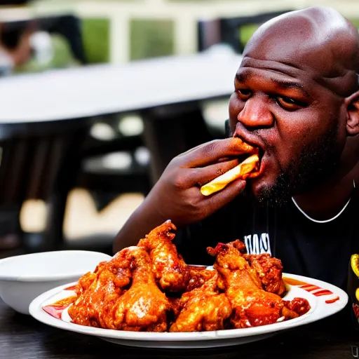 Image similar to Shaquille O'neil eating hot spicy chicken wings, 4k UHD picture