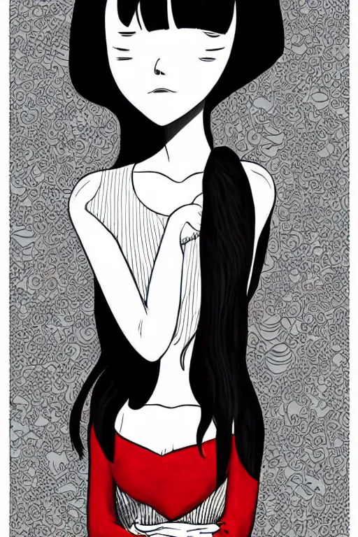 Image similar to portrait of a girl in long pants and a top, hands in pockets, eyes closed, red color heart shaped tattoo on the right hand, bob haircut, digital art, black and white, illustration by junji ito and kaoru mori