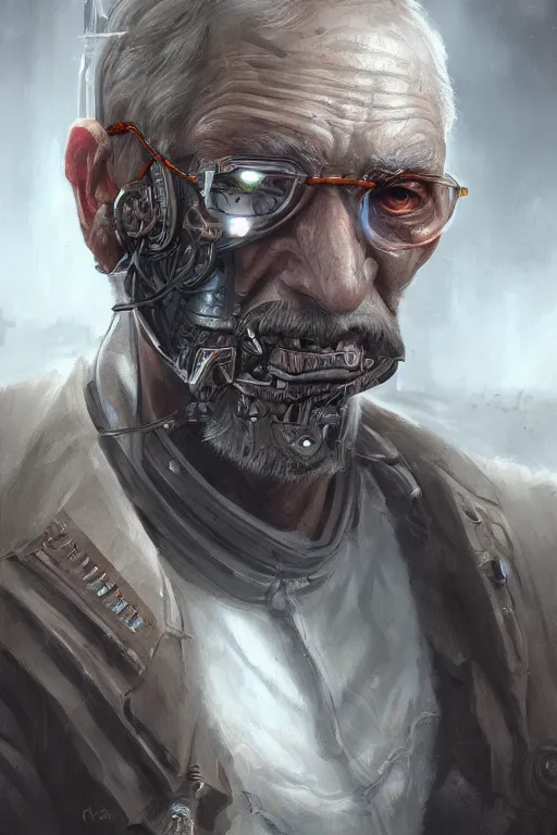 Image similar to ultrarealistic illustration old man cyborg, cyberpunk, sci - fi fantasy, intricate, elegant, highly detailed, digital painting, artstation, concept art