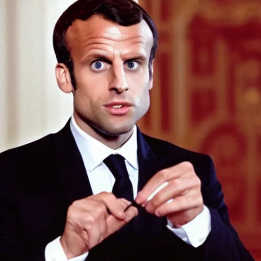 Prompt: Emmanuel Macron computering in American Psycho (1999)