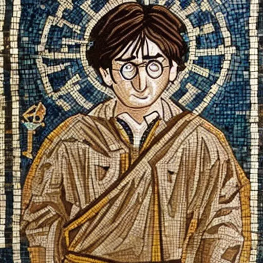 Prompt: harry potter in a ancient greek mosaic