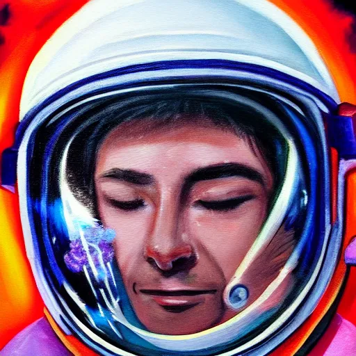 Image similar to a close up painting of an astronaut floating in space. his helmet visor is dark and reflective. you can see the reflection of flowers in his helmet visor.