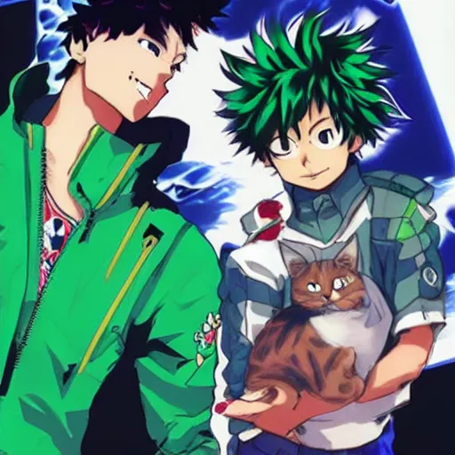 Prompt: Izuku Midoriya petting his cat, Yoji Shinkawa, Vaporwave