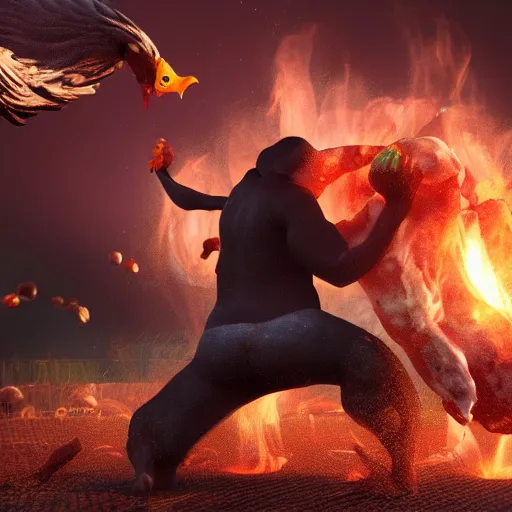 Image similar to Big dark person destroying chicken world, hyper realistic, 4k, high detailed, octane rader