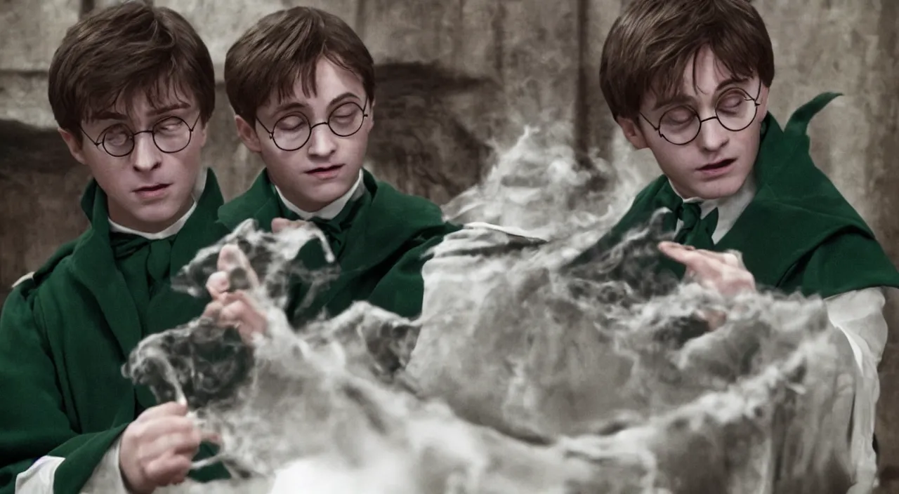 Prompt: slytherin harry potter doing lumos with his eyes closed