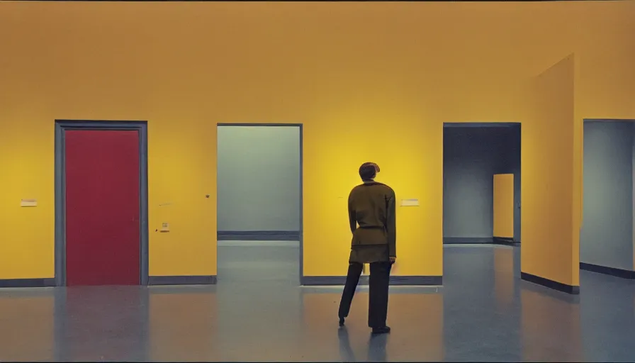 Image similar to 60s movie still of a sovietic stalinist style empty art museum with a soviet congress with yellow wall, cinestill 800t 35mm, liminal Space style, heavy grain