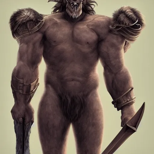 Image similar to Giant minotaur beast warrior with two handed axe, impressive horns, long mane, full body, muscular, dungeons and dragons, hyperrealism, high details, digital painting