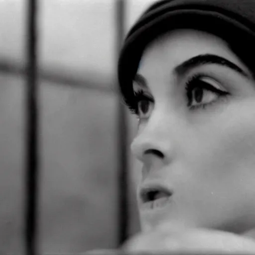 Prompt: still from a masterpiece 1 9 6 0 s french art film, beautiful girl in beret with large eyebrows in the background sits with an angry expression, moody lighting, viewed from afar, cinematic shot