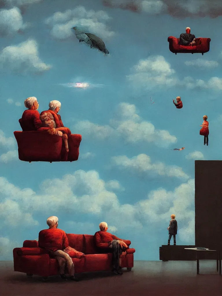 Prompt: old couple sitting on a couch in front of a boy flying in sky, psx game graphics , Beksinski painting, part by Adrian Ghenie