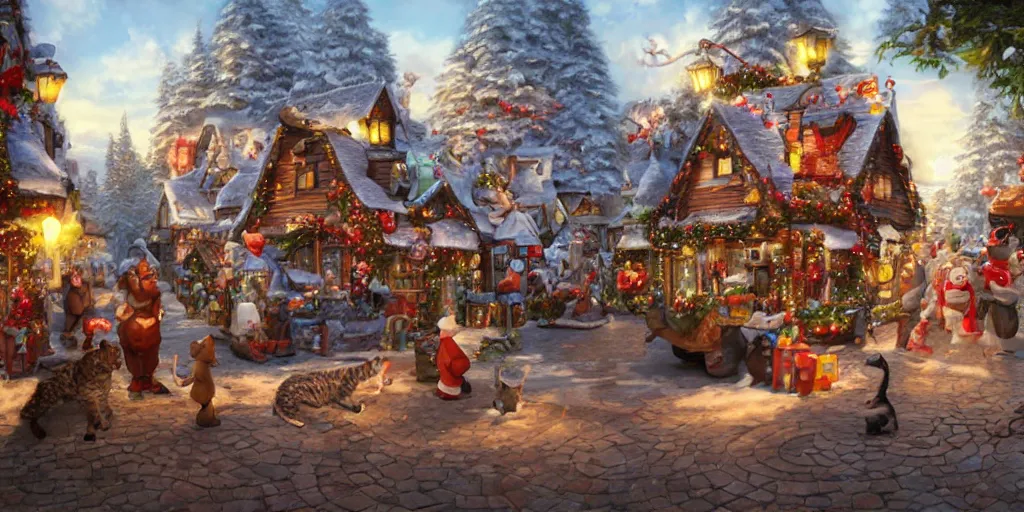 Image similar to cat christmas fantasy village street view by artgerm and Craig Mullins, James Jean, Andrey Ryabovichev, Mark Simonetti and Peter Morbacher 16k