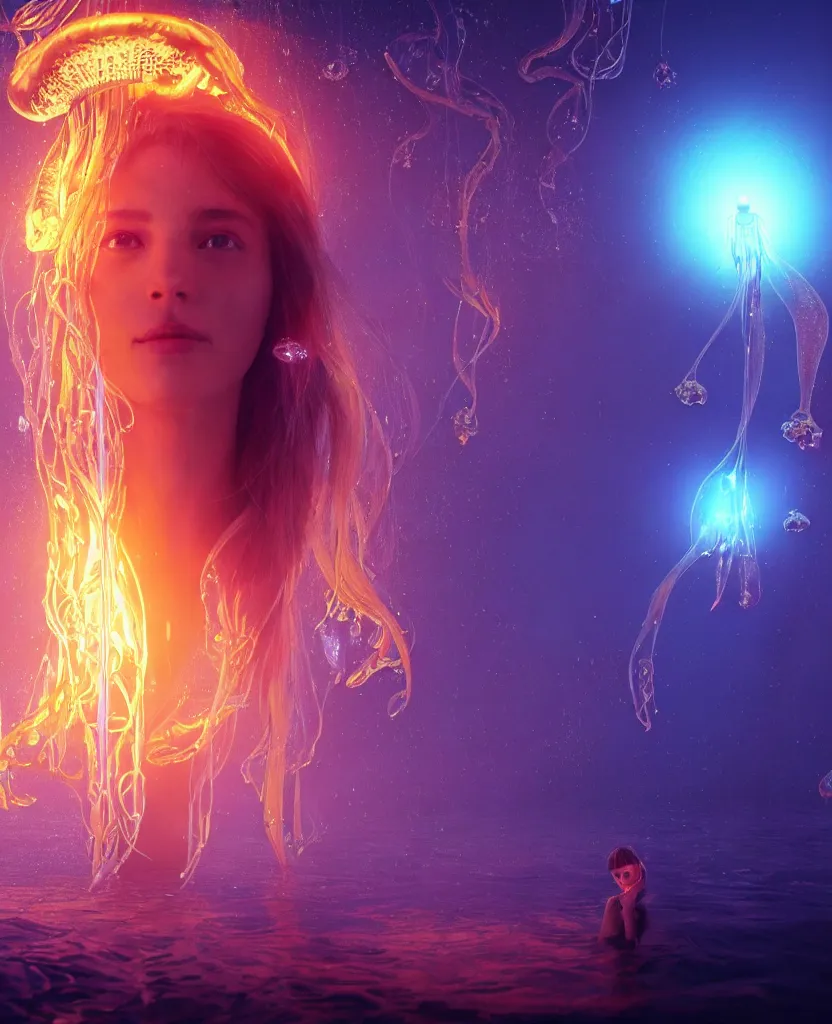 Image similar to close-up portrait of a face of beautiful princess floating in ethereum surrounded by floating jellyfish, energy flows of fire and water, flashes of plasma, 3d with depth of field, blurred background, a highly detailed epic cinematic concept art CG render. made in Maya, Blender and Photoshop, octane render, excellent composition, cinematic dystopian brutalist atmosphere, dynamic dramatic cinematic lighting, aesthetic, very inspirational, arthouse. y Greg Rutkowski, Ilya Kuvshinov, WLOP, Stanley Artgerm Lau, Ruan Jia and Fenghua Zhong