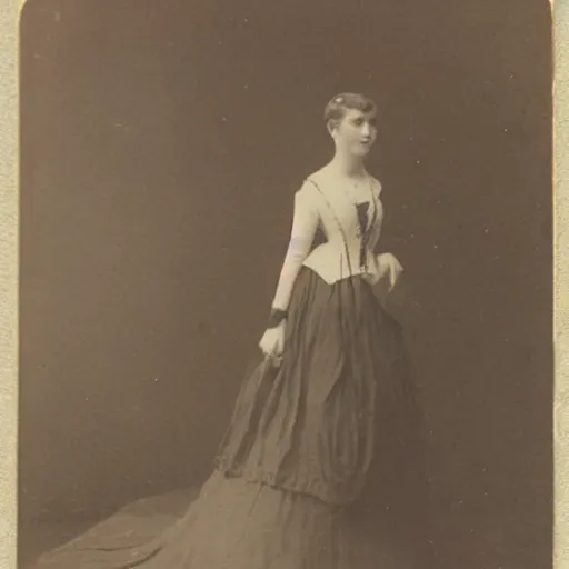 Image similar to a studio photo from 1860 of an Edwardian era dressed lady, full figure, 8mm,