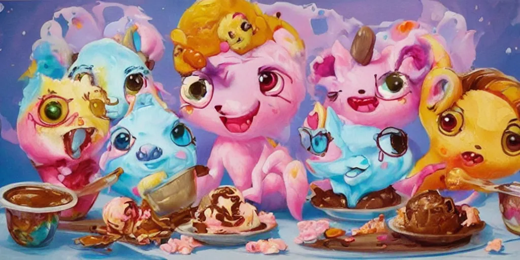 Prompt: ice cream made in the shape of 3 d littlest pet shop animal, realistic, melting, soft painting, desserts with chocolate syrup, toppings, ice cream, master painter and art style of noel coypel, art of emile eisman - semenowsky, art of edouard bisson