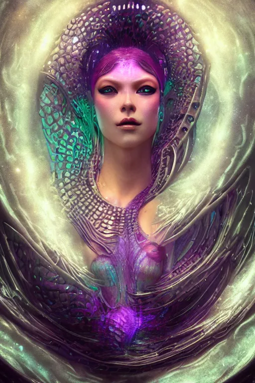 Image similar to a render of an ancient futuristic ethereal mermaid with digital modifications surrounded by a underwater ink pour and flowing liquid gallium and complex sacred geometry, powerful, cinematic, beautifully lit, perfect face, by beeple, by artgerm, by karol bak, by brian froud, 3 d, trending on cgsociety, octane render, 8 k