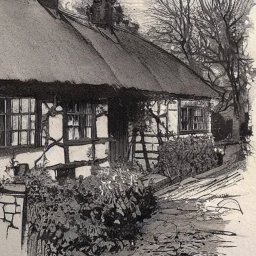 Image similar to Alex Ross and Sergio Bleda and Jérémy Petiqueux and Alex Maleev artwork of a 19th century english cottage