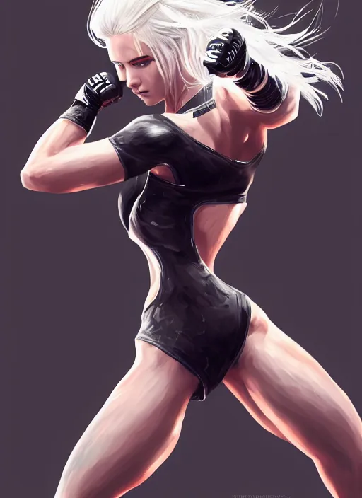 Image similar to a highly detailed illustration of fierce beautiful platinum blonde woman wearing black mma gear, heroic fighting stance pose, muscular, perfect face, perfect body, intricate, elegant, highly detailed, centered, digital painting, artstation, concept art, smooth, sharp focus, league of legends concept art, wlop