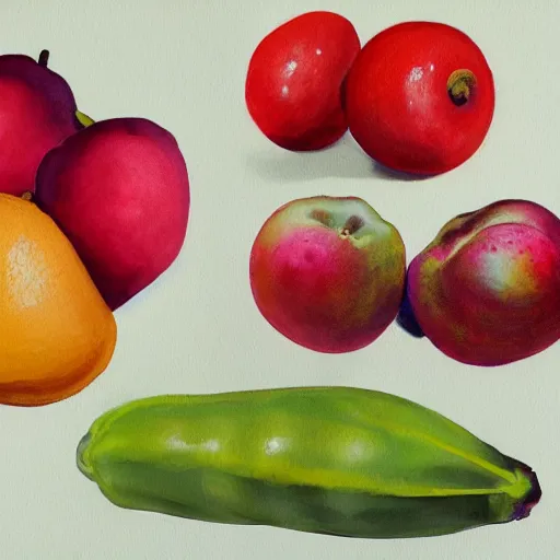 Image similar to collection of various fruits, gouache painting, isolated