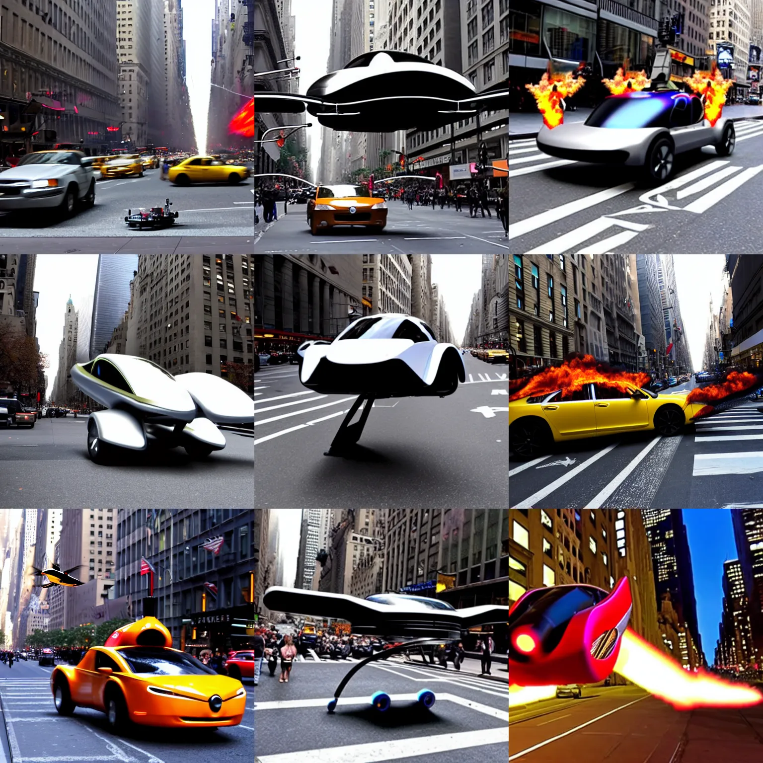 Prompt: photo of a flying car that hovers two meters above the pavement in the 5 th avenue of new york. it has a new propulsion system with antigravity engines. the engines throw flames. highly detailed