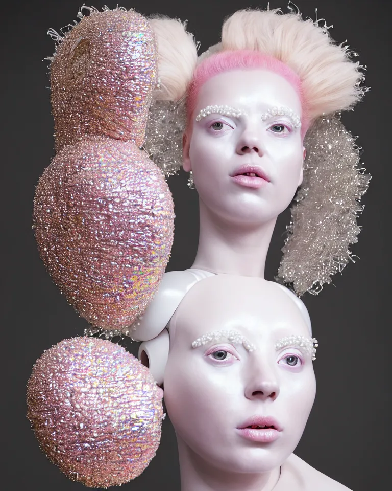 Image similar to portrait of a ethereal byzantine goddess wearing a big pearl studded iridescent beauty mask and pink hair buns, wearing a black bodysuit by alexander mcqueen, cream white background, soft diffused light, biotechnology, humanoid robot, perfectly symmetric, bjork aesthetic, translucent, by rineke dijkstra, intricate details, highly detailed, masterpiece,