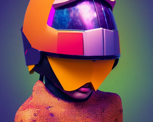 Prompt: full portrait of a post modern hybrid fashion model with an exuberant helmet, colorful, octane render, vray, detailed, halftoned, editorial illustration, matte print, grainy light, ( ( dither ) ), risograph, high contrast, screen print, grainy texture