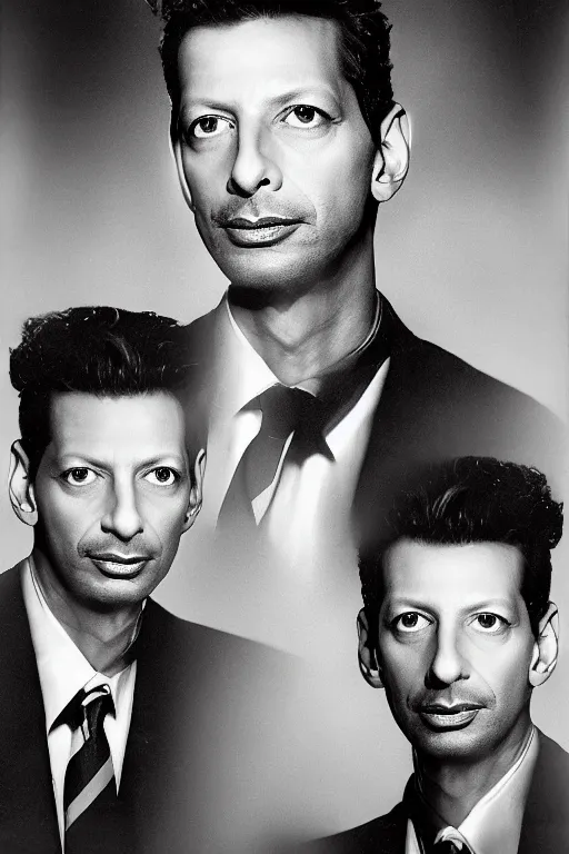 Prompt: double exposure composite portrait of jeff goldblum, floating head portrait, one jeff goldblum profile and one jeff goldblum facing the camera, jc penney studio 1 9 8 5