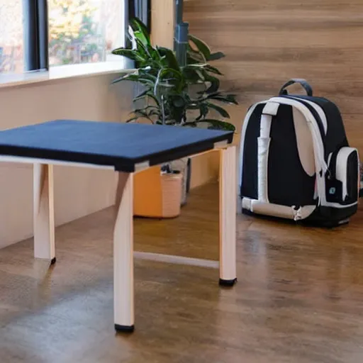 Image similar to a backpack is put under a table, backpack under a table