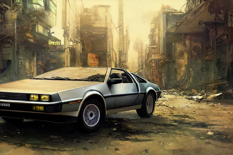 Image similar to photograph of the delorean driving down the streets of a cyberpunk abandoned city, by greg rutkowski, by stanley artgerm, by alphonse mucha