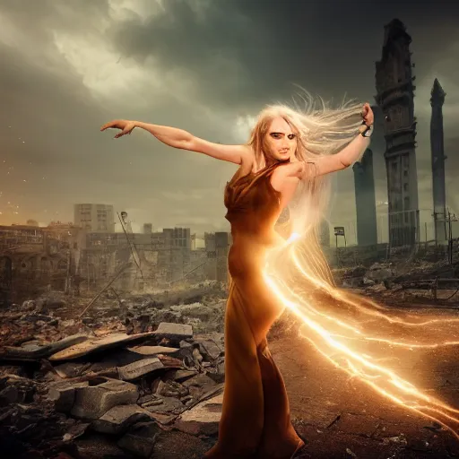 Image similar to beautiful blond hovering sorceress girl, casting a spell, in a destroyed city, moody lighting, 8 k, shallow depth of field, cinematic lighting,