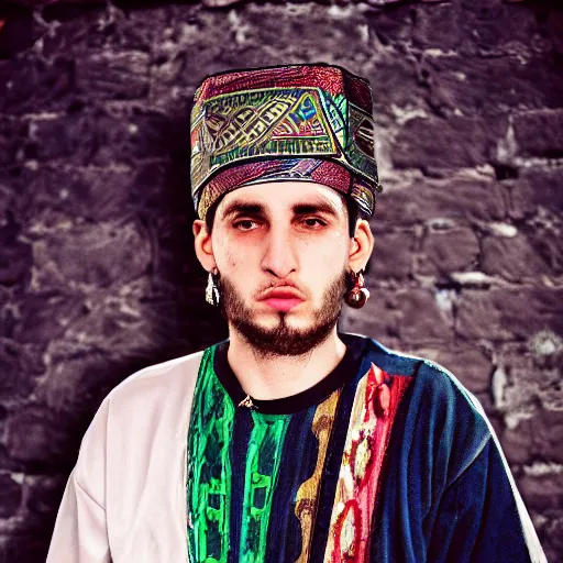 Prompt: buba corelli amar hodzic bosnian rapper, in traditional bosnian male clothing, fez, photorealistic