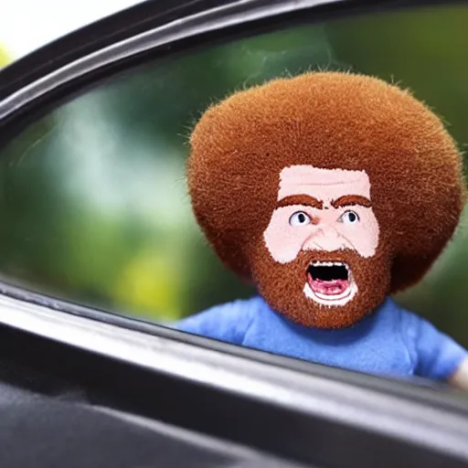 Image similar to a screaming angry bob ross doll in rear view mirror