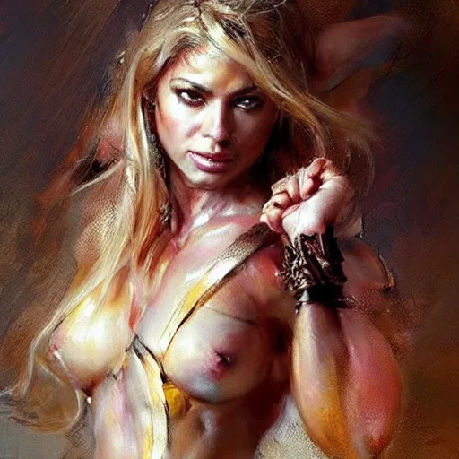 Image similar to muscular gigachad with face of shakira, by daniel gerhartz, trending on art station